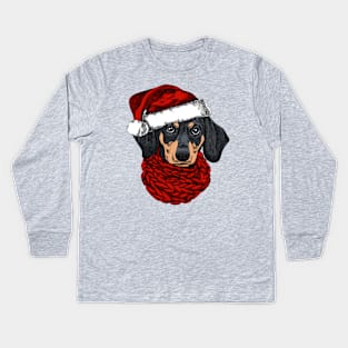 Dachshund dog for a Christmas card. Dachshund with a red knitted warm scarf and a santa hat. Merry Christmas in the year of the dog. New Year's Eve Kids Long Sleeve T-Shirt